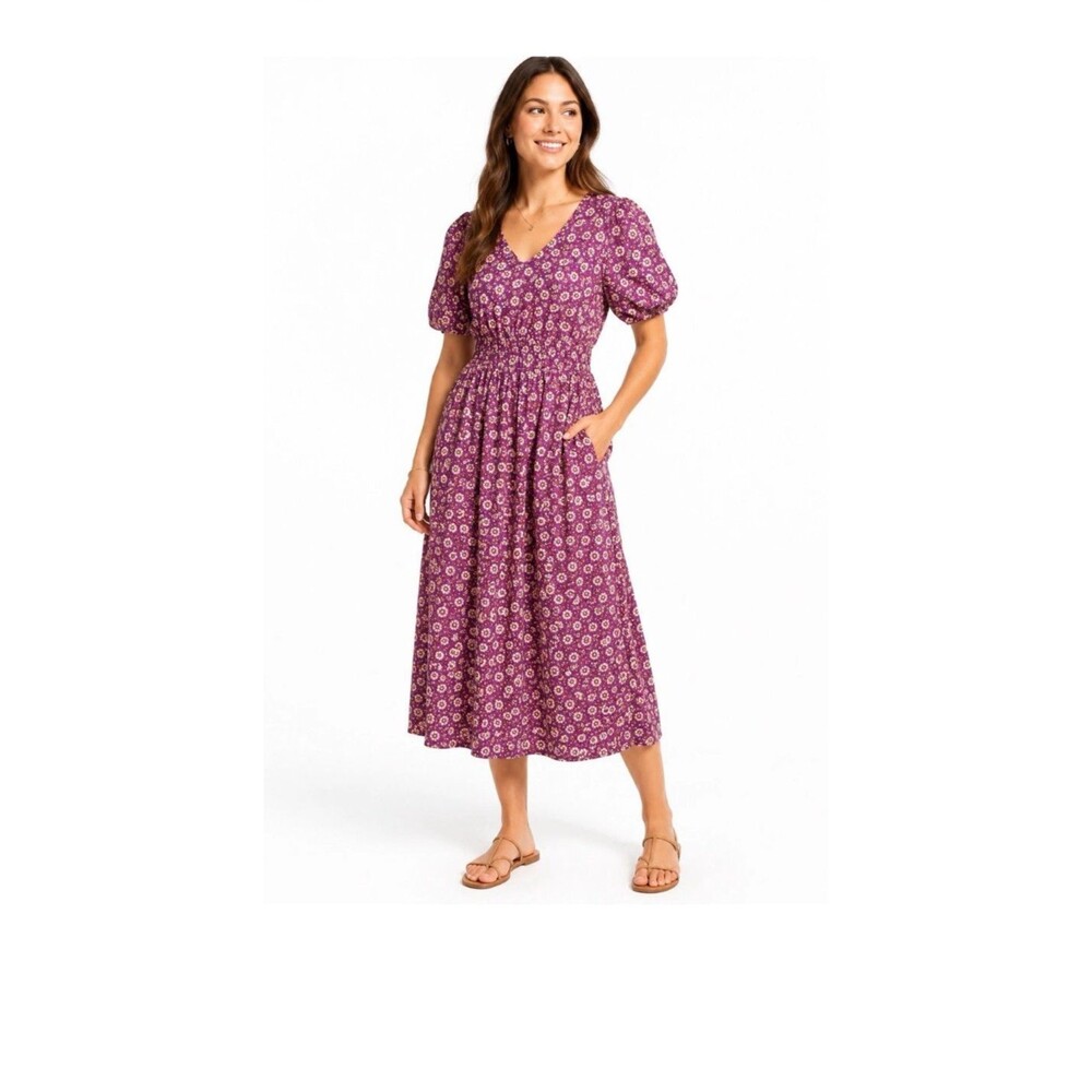 J Crew Floral Purple Midi Dress Size M Boho V Neck Short Sleeves Tiered A Line